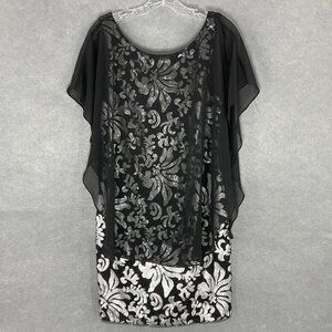 Betsy & Adam Dress Women 8 Black Chiffon‎ Overlay Silver Floral Sequin USA
